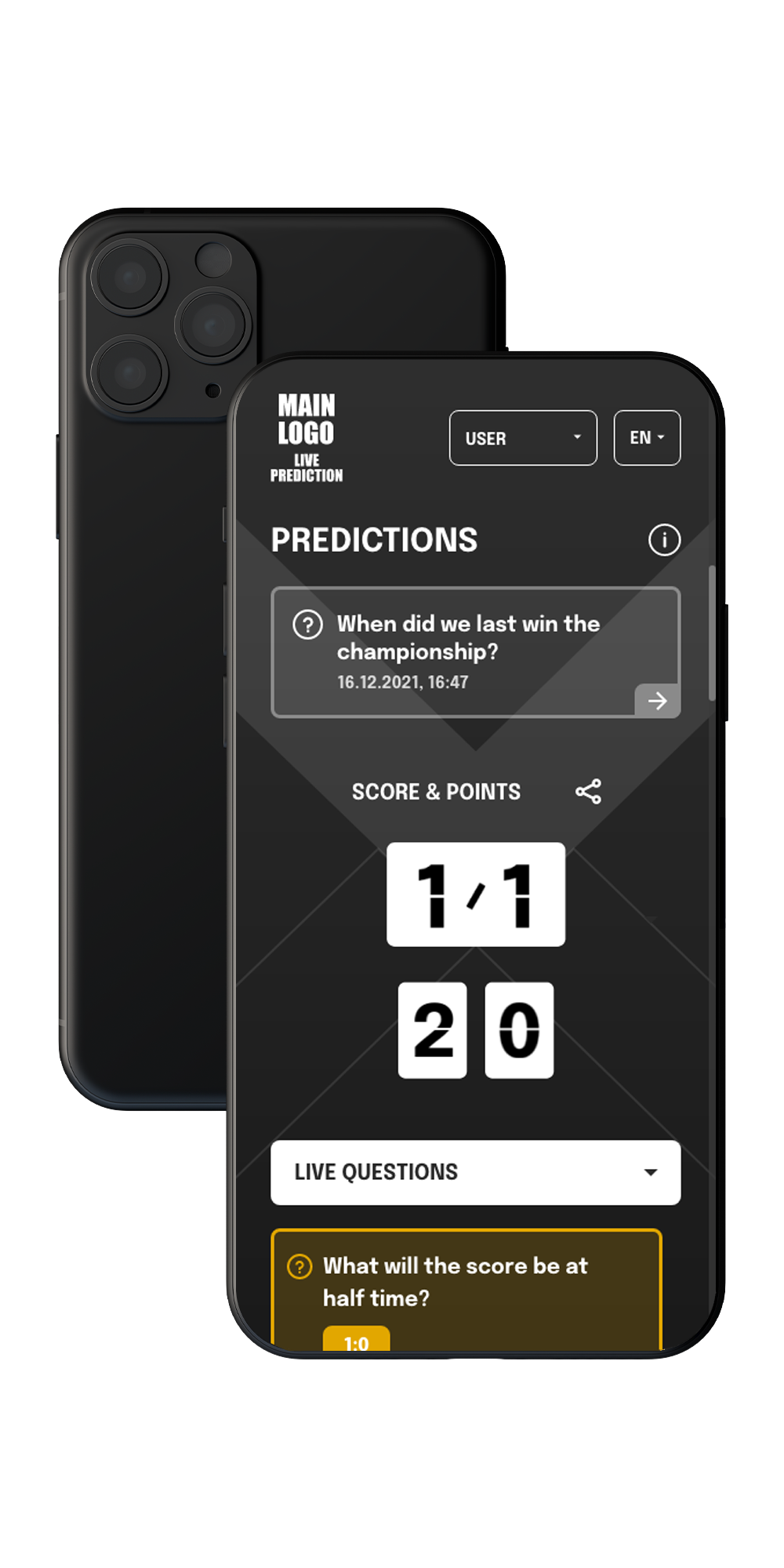 An iPhone showing the gamification solution Live Prediction